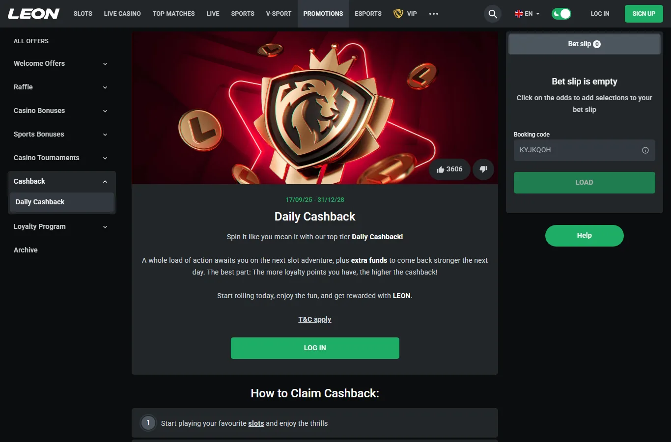 Zrzut ekranu sekcji Daily Cashback w serwisie Leonbet (interfejs w języku angielskim)