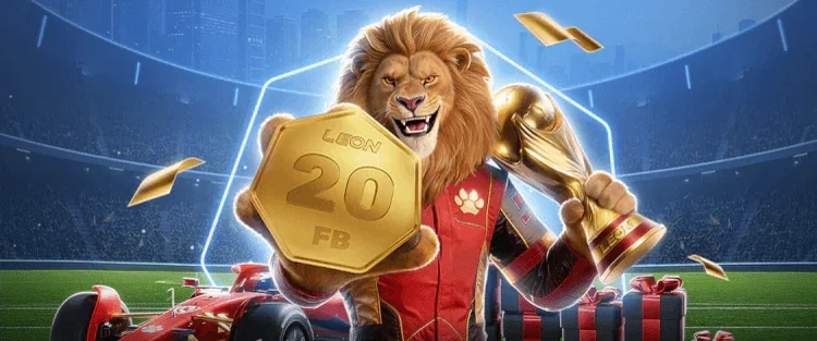 Leonbet — lew z pucharem i monetą freebetu, sportowy bonus na start